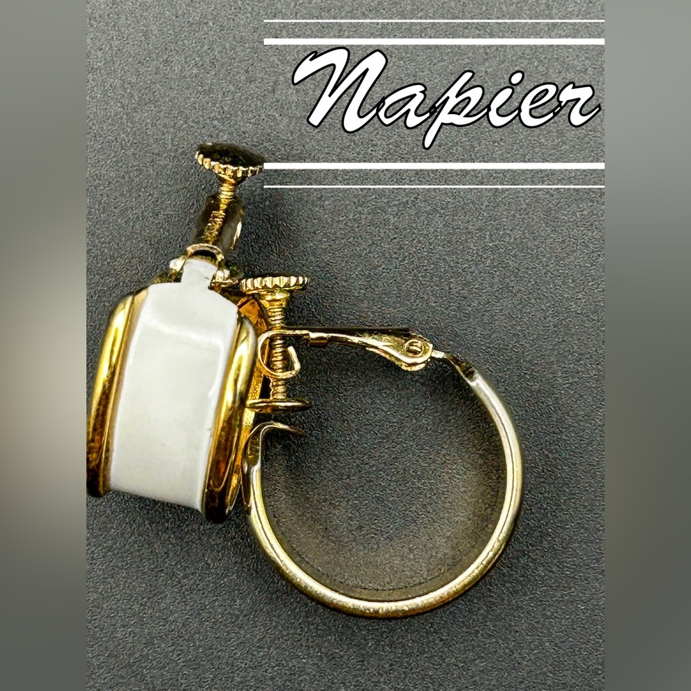 Vintage Napier White Enamel Gold Tone Hoop Clip On Screw Back Earrings